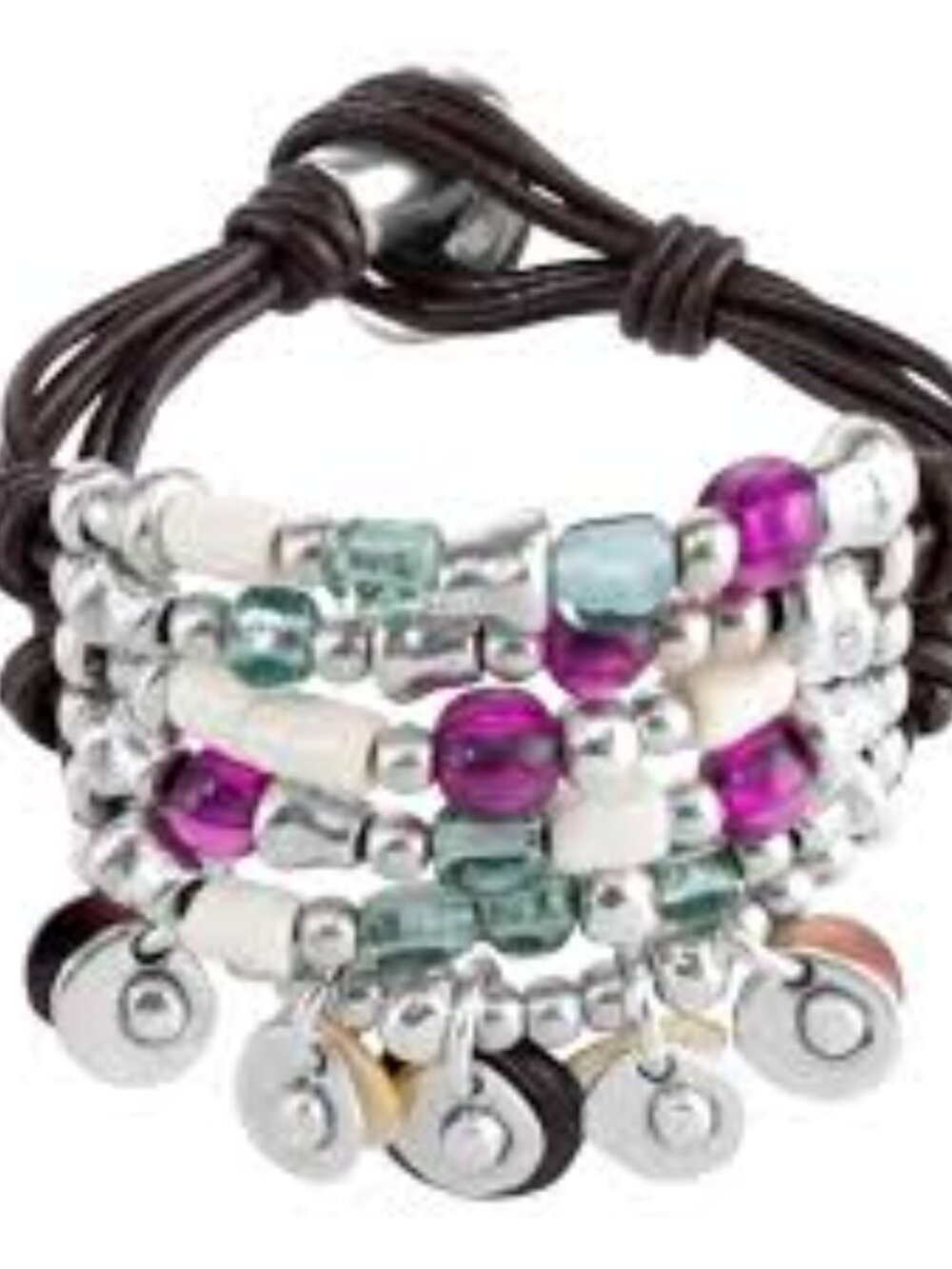 Statement Uno De 50 Silver Tone Leather Purple Green Beads bracelet